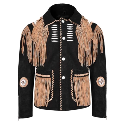 Hombres Western Gamuza Cuero Vintage Hecho a Mano Chaqueta Flecos y Cuentas Foto 1 de 3