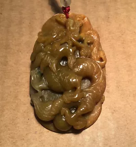 Green Jadeite Carved Dragon One Sided One Tone Partial Translucent Pendant - Picture 1 of 16