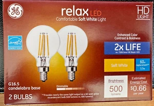 GE Relax LED 60W Soft White Dimmable 500 LUMENS G16.5 Candelabra BASE/2 pk NEW - Picture 1 of 3