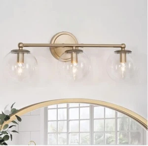 Uolfin 3 Light Brass Gold ModernGlobe BathroomVanity Wall Sconce Clear Glass HH - Picture 1 of 8