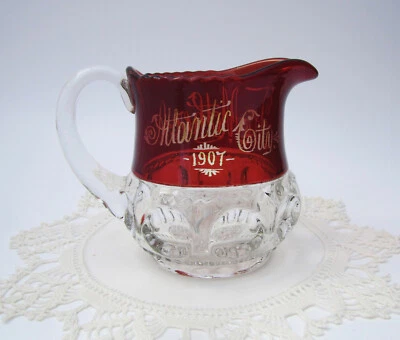 Antique Ruby Stain Souvenir Milk Pitcher Atlantic City 1907 Kings Crown 4-1/2" - Image 1 of 4