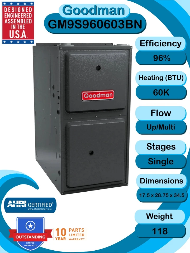 Goodman Furnace- GM9S960603BN - Upflow 96 AFUE 60k BTU Low Nox