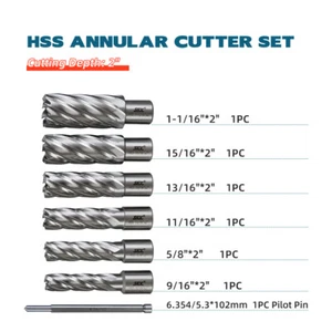 6pc HSS Annular Cutter 3/4" Weldon Shank 9/16 1-1/16 Magnetic Drill Bit 2" Depth - Picture 1 of 9