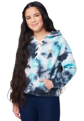 Justice Girls Hoodie Sweatshirt Blue Size 16/18 Tie Dye Lace Up Pouch Pocket - Image 1 of 4