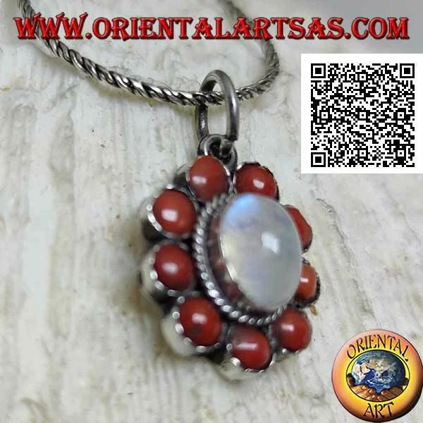 Ciondolo in argento 925‰ fiore con pietra di luna ovale e palline di corallo - Immagine 1 di 1