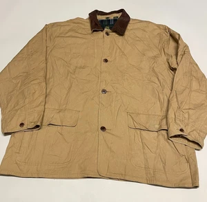 Vintage Hunting Jacket Mens L 2XL Beige Brown Leather Trim Collar Flannel Lining - Picture 1 of 12