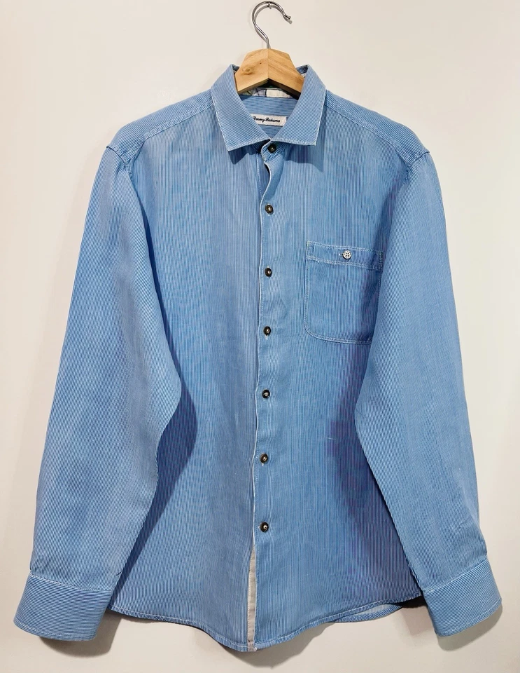 Tommy Bahama 男式纽扣衬衫 M 亚麻混纺白色蓝色条纹长袖 — 第 1/4 张图片