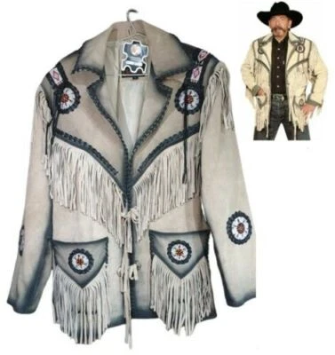 Men's American Suede Western Style Cowboy Leather Jacket With Fringe & Bead Work - Image 1 of 4