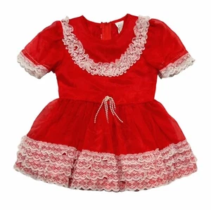 Vintage Ruffle Lace Pageant Dress Girls Size 3 Red White Sheer Holiday Christmas - Picture 1 of 11