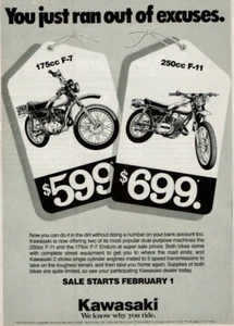 1977 Vintage Print Ad Kawasaki You just ran out of excuses 175cc F-7 250cc F-11 - Picture 1 of 2