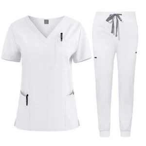 Unisex STRETCH Jogger Scrub Set Solid V-Neck Top Men Women Medical Nurse Uniform - Picture 1 of 135
