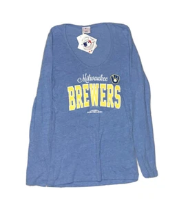 Milwaukee Brewers Shirt Womens Small Blue Long Sleeves Graphic Tee Baseball NWT - Picture 1 of 9