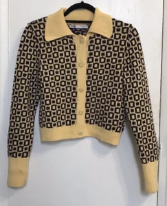 Zara Women's Button Up Yellow & Brown Cropped Long Sleeve Cardigan Size S - Picture 1 of 9