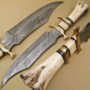 BEAUTIFUL CUSTOM HAND MADE DAMASCUS STEEL HUNTING BOWIE KNIFE HANDLE BONE - Picture 1 of 7