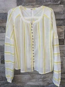 Free People Women's Yellow Stripe Button Up Boho Top  Size 2 - Picture 1 of 10