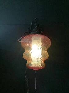 Vintage MCM Swirl Swag Hanging Lamp Red To Orange Gradient W/ Chain - Picture 1 of 15