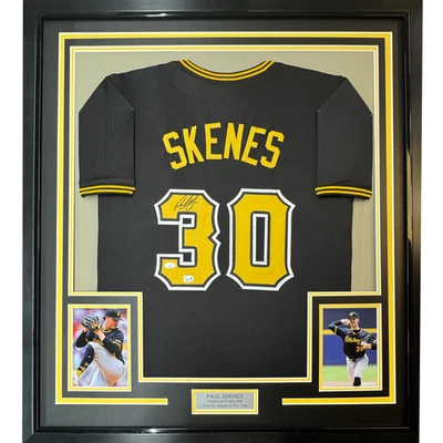 Framed Autographed/Signed Paul Skenes 35x39 Pittsburgh Black Jersey JSA COA - Image 1 of 2