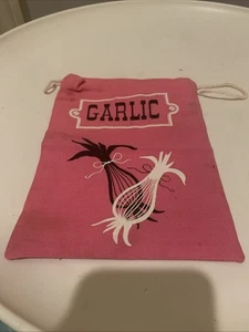 Vintage Mid Century Stoff Knoblauch Aufbewahrungstasche Kordelzug Rosa - Bild 1 von 6
