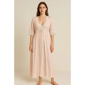 Intima Bella Donna Peignoir Set Robe Gown Pink Womens M Floral Lace Trim Beaded - Picture 1 of 18