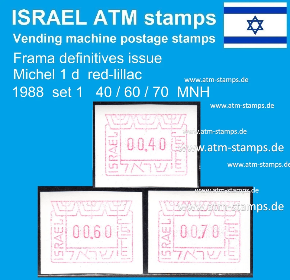 Sellos de cajero automático de Israel 1988 / Michel 1 / juego 1 / 40/60/70 MNH / Frama Klussendorf CVP Foto 1 de 1