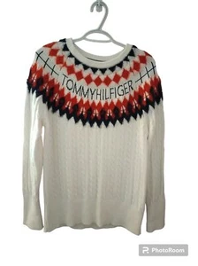 Tommy Hilfiger Women's Fair Isle Cable Knit Logo Crewneck Sweater Size Large - Picture 1 of 10