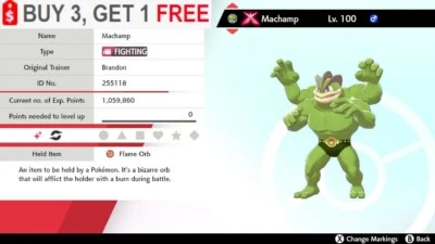 NINTENDO ✨Shiny Machamp✨Pokemon Sword and Shield Gmax Guts Adamant 6IV w/ Flame Orb