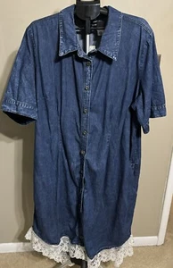 Ashley Stewart Plus Denim Button Down Short Sleeve Dress w Lace S 24 NWT - Imagen 1 de 6