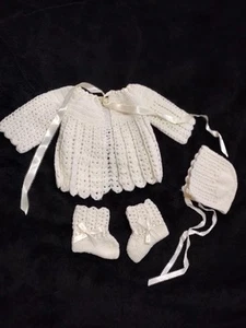 Vintage 1971 Mod Baby Infant Hand Knit Crochet Outfit Sweater Dress Bonnet Boots - Picture 1 of 7