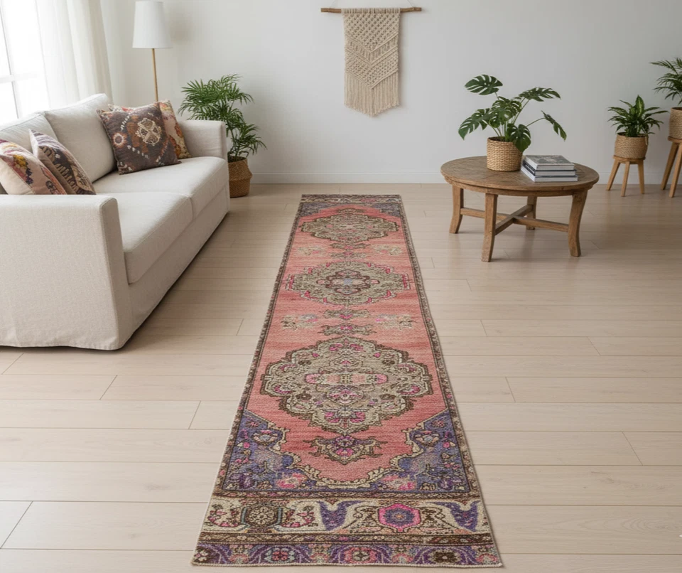 Pink Turkish Oushak Rug: Vintage Wool Hallway Runner (2.2x10.8 ft) - Image 1 of 4