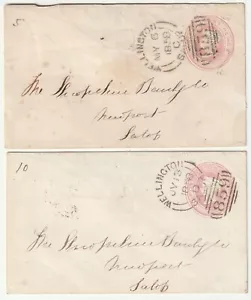 1858x2 SHROPSHIRE BANK 1d ROSA ENV WELLINGTON SALOP SIDEWAYS FRANCOBOLLI DUPLEX - Foto 1 di 3