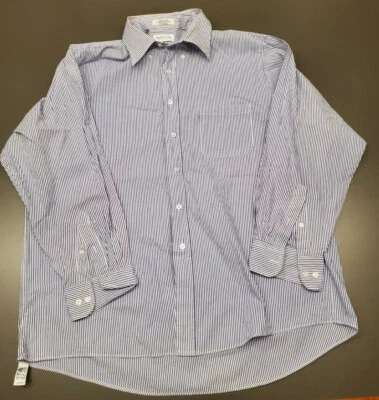 复古 Van Heusen 男式 18 码 34/35 白色和蓝色条纹纽扣 L/S 正装衬衫 — 第 1/4 张图片