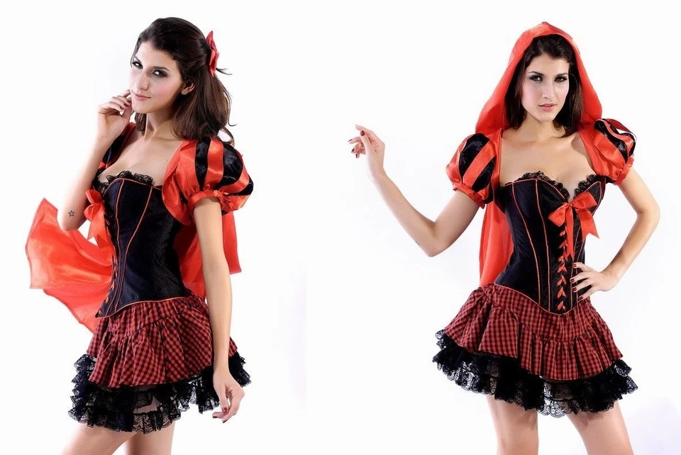 Sexy LITTLE RED RIDING HOOD Costume CORSET Mini Skirt Hooded SATIN CAPE Jacket - Image 1 of 3