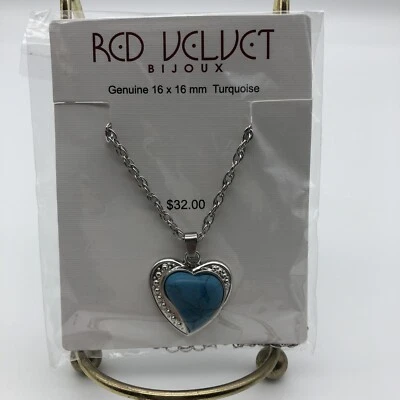 Collar Joux Terciopelo Rojo Genuino 16 X 16 MM Turquesa Corazón Colgante Tono Plateado Foto 1 de 4