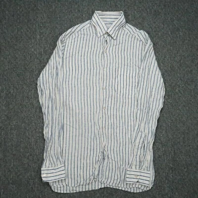 Ermenegildo Zegna Shirt Mens Medium White Blue Linen Striped Long Sleeve Button - Image 1 of 4