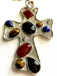 Heavy 31.55gr .925 Silver Gemstone Byzantine Cross Pendant w/ 18" .925 Chain - Picture 1 of 10