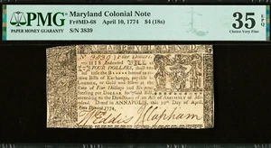 1774 $4 Maryland Colonial Currency PMG VF-35 EPQ  MD-68 - Picture 1 of 5
