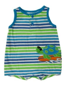 BT Kids Infant Boys Surfing Turtle Blue Green Striped Romper Bodysuit Outfit - Picture 1 of 1