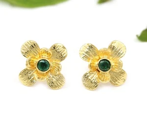 Tiffany Flower Green Onyx Style Handmade Gold Plated Stud Earrings Gift For Her - Picture 1 of 2