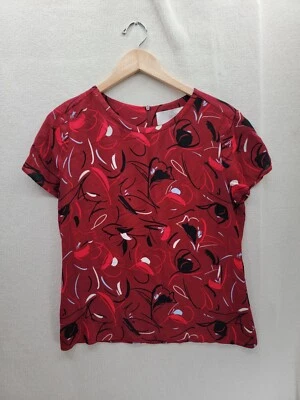 HUGO BOSS Women's Red Floral Short Sleeve Zip Back Blouse Top Size-6 - Image 1 of 4