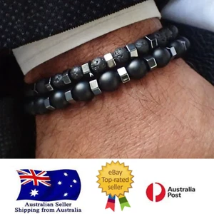 Frosted Black Bead Volcanic Stone Men’s Bracelet Set Double Layer Nature Stone - Picture 1 of 7