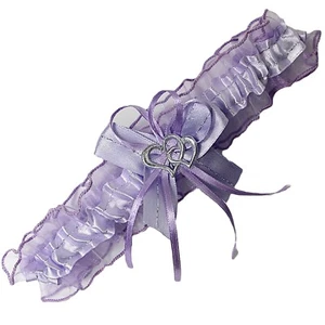 Braut-Strumpfband mit Silbernaht 2 Herzchen und Schleifen lila flieder S- XXL  - Bild 1 von 1