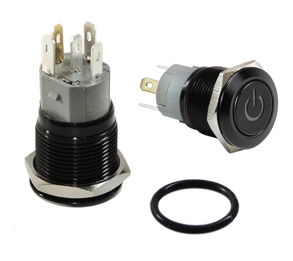 12V 16mm AMBER LED Marine Black Stainless Steel Push POWER On/Off Button Switch - Image 1 of 1
