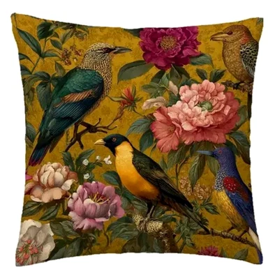 Kissen Bezug Samt 45 cm floral Vogel Garten Cottage Deko Boho botanisch Rose - Bild 1 von 4
