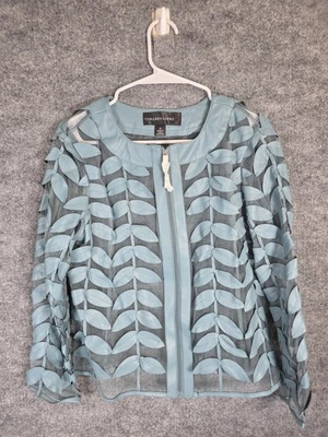 Colleen Lopez Jacket Womens Medium Blue Sheer Leaf Vegan Leather Mesh Floral Zip - Image 1 of 4
