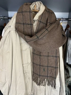 Polo Ralph Lauren Marrón Espiga Cuadros Corderos Lana Nailon Bufanda Hecha en Italia Foto 1 de 4