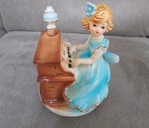 1970s Japanese Porcelain ROTATING MUSIC BOX FIGURINE GIRL PLAYING Piano Working - Picture 1 of 6