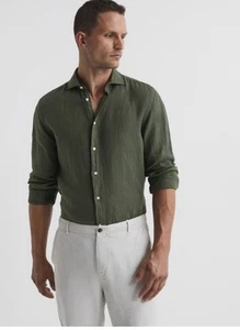 Camicia REISS Ruban slim fit 100% lino con bottoni verde oliva media 1990 - Foto 1 di 8