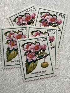 Vintage Prairie Crab Apple Unused Postage Stamps 32 Cents Face Value 5 Stamps - Picture 1 of 2