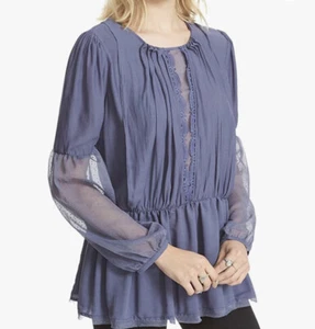 Free People Soul Serene Top River Blue Boho Blouse Sz M Mesh Lace Drop Waist - Picture 1 of 12