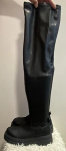 Topshop Black Wide Fit Stretch Faux Leather Chunky Sole Thigh High Boots UK 5 - Picture 1 of 12